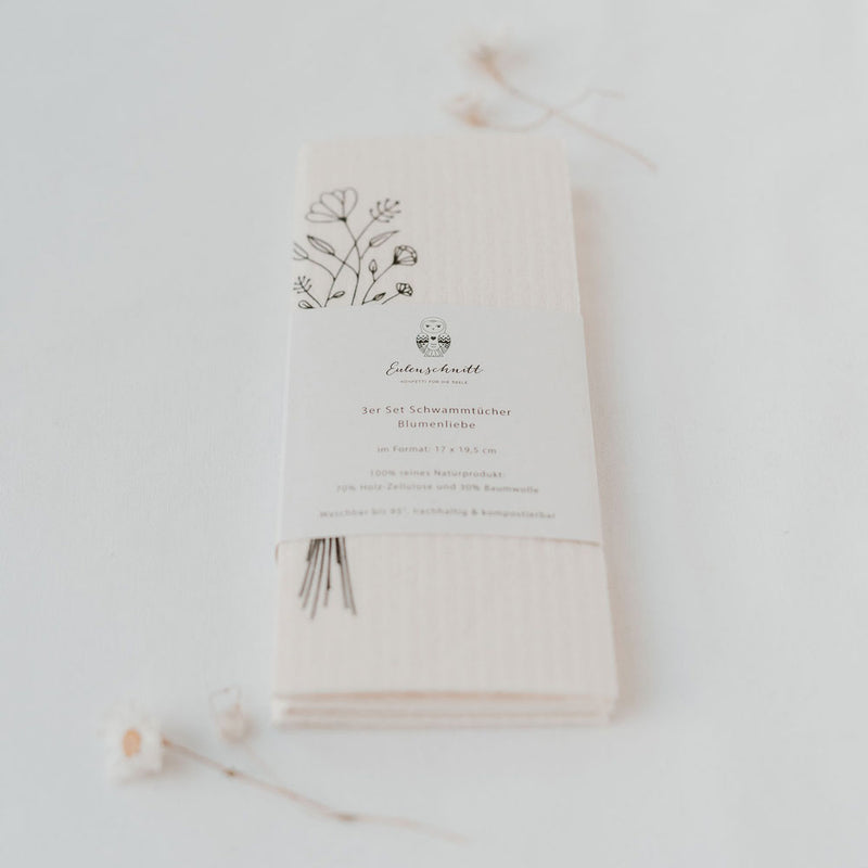 Eulenschnitt Schwammtücher Blumenliebe 3er-Set weiß