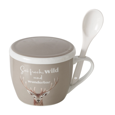 Jumbobecher mit Deckel und Löffel Sei frech, wild und wunderbar taupe