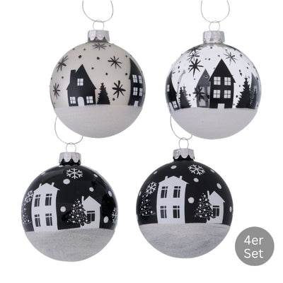 Weihnachtskugel Stadt 4er-Set schwarz-weiß