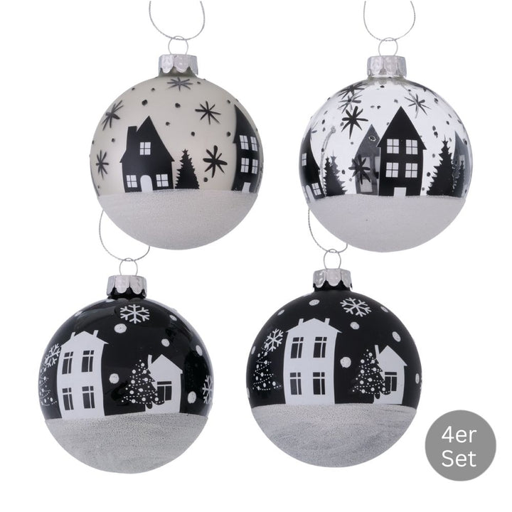 Weihnachtskugel Stadt 4er-Set schwarz-weiß