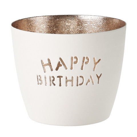 Windlicht Madras Happy Birthday weiß-goldfarben mittel