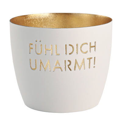 Windlicht Madras Fühl Dich umarmt! weiß-goldfarben mittel