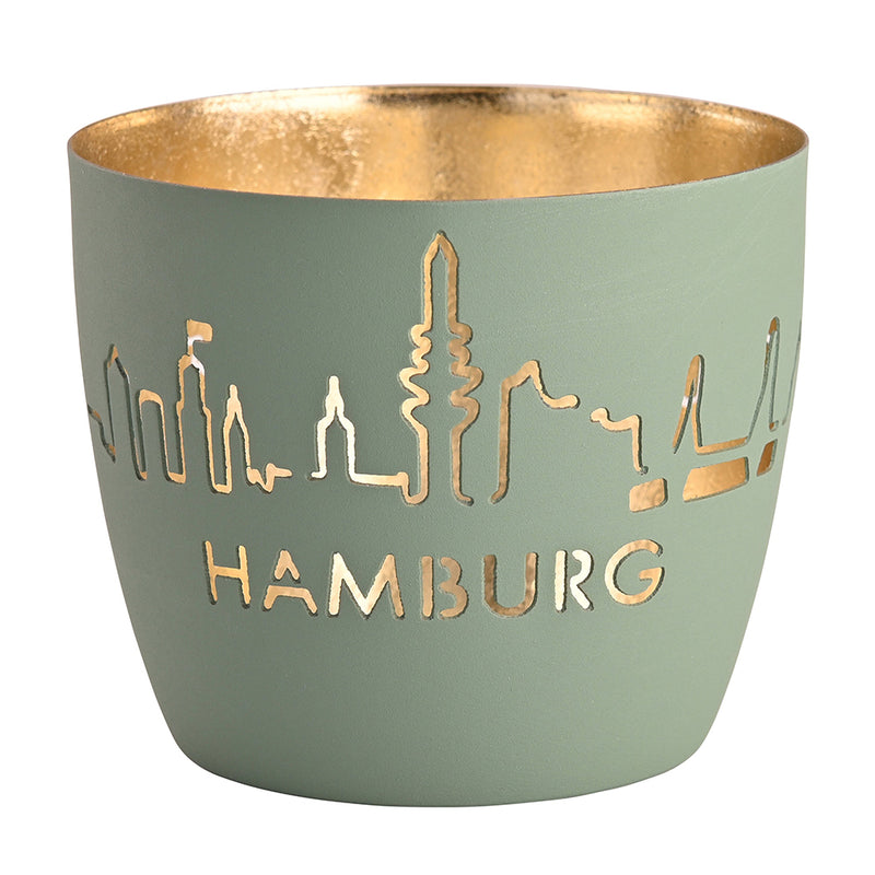 Windlicht Madras Hamburg Skyline puderblau-goldfarben