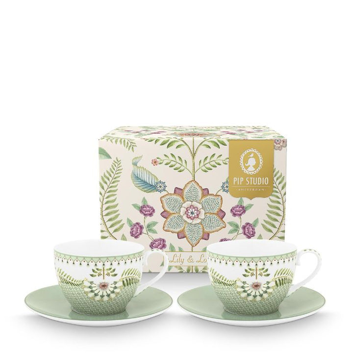 Pip Studio Tasse & Untertasse Lily & Lotus 2er-Set gemustert hellgrün