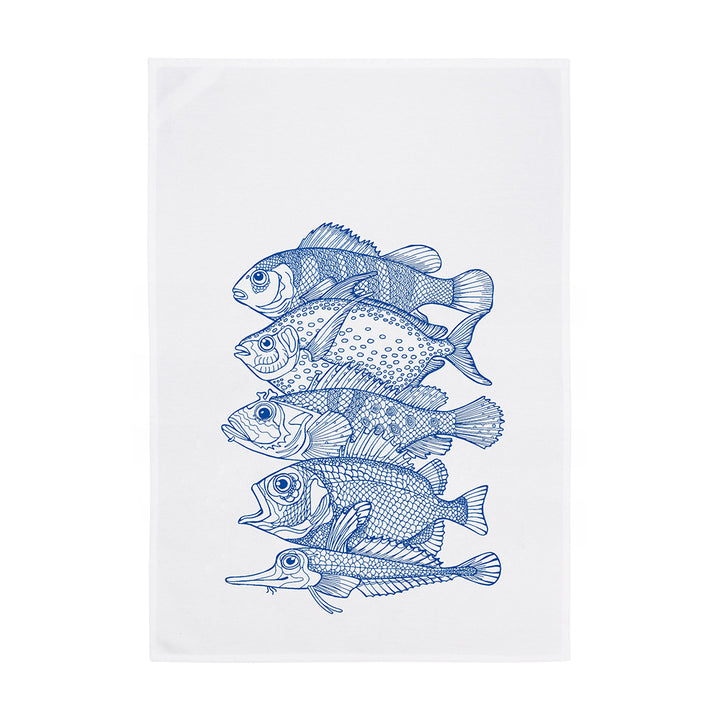 Geschirrtuch Weiß 5 Fische Neon Blau