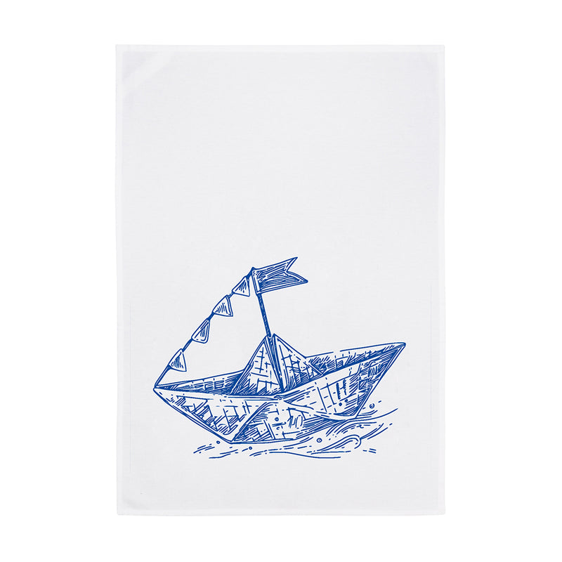 Geschirrtuch Weiß Papier Schiffchen Blau