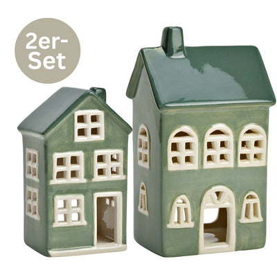 Keramik Häuser 2er Set grün-weiß