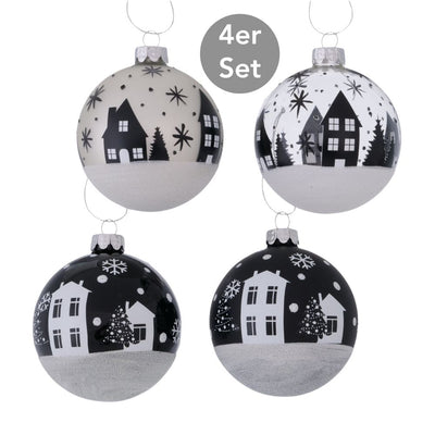 Weihnachtskugel Stadt 4er-Set schwarz-weiß
