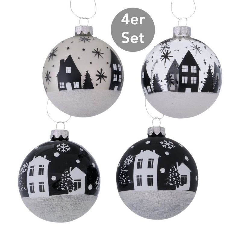 Weihnachtskugel Stadt 4er-Set schwarz-weiß