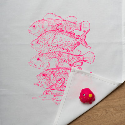 Geschirrtuch weiß mit 5 Fischen neonpink