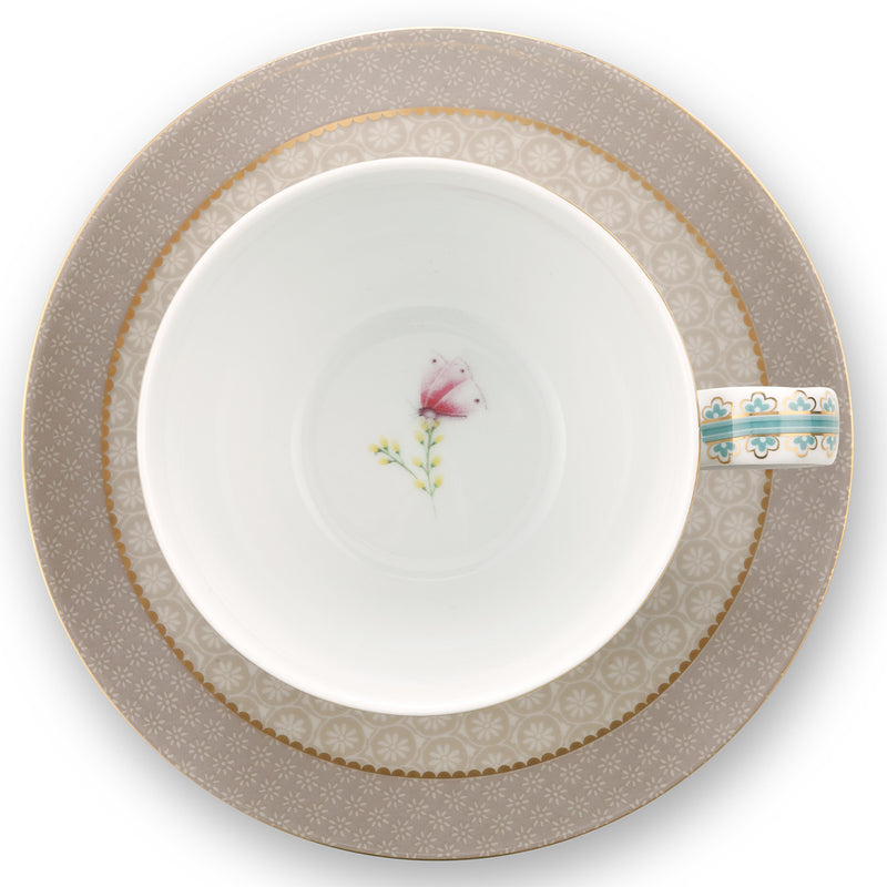 Pip Studio Cappuccino Tasse mit Teller „Blushing Birds“ khaki