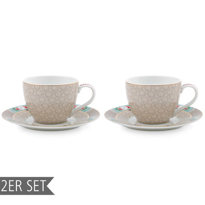 Pip Studio Espresso Tassen mit Tellern „Blushing Birds“ 2er-Set khaki