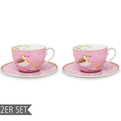 Pip Studio Cappuccino Tassen mit Tellern „Early Bird“ 2er-Set rosa