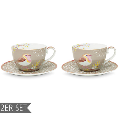 Pip Studio Cappuccino Tassen mit Tellern „Early Bird“ 2er-Set khaki