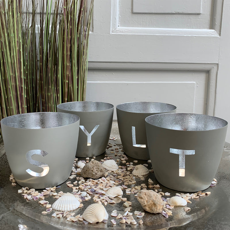 Windlicht im exklusiven Sylt Design 4er-Set hellgrau-silberfarben mittel