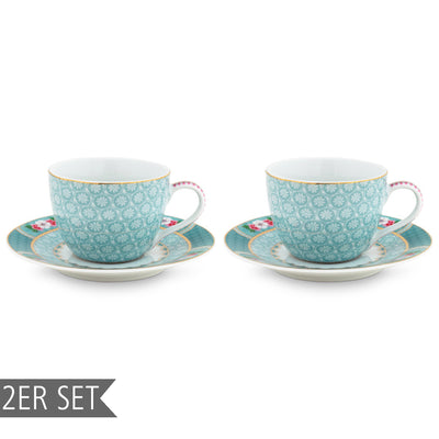 Pip Studio Espresso Tassen mit Tellern „Blushing Birds“ 2er-Set blau