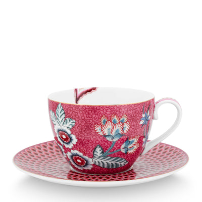 Pip Studio Tasse mit Teller Flower Festival Dunkelrosa