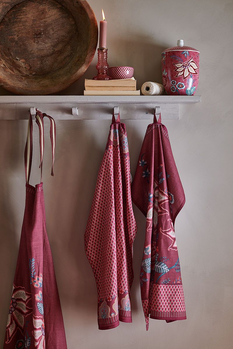 Pip Studio Geschirrhandtuch Flower Festival Muscheloptik Dunkelrosa