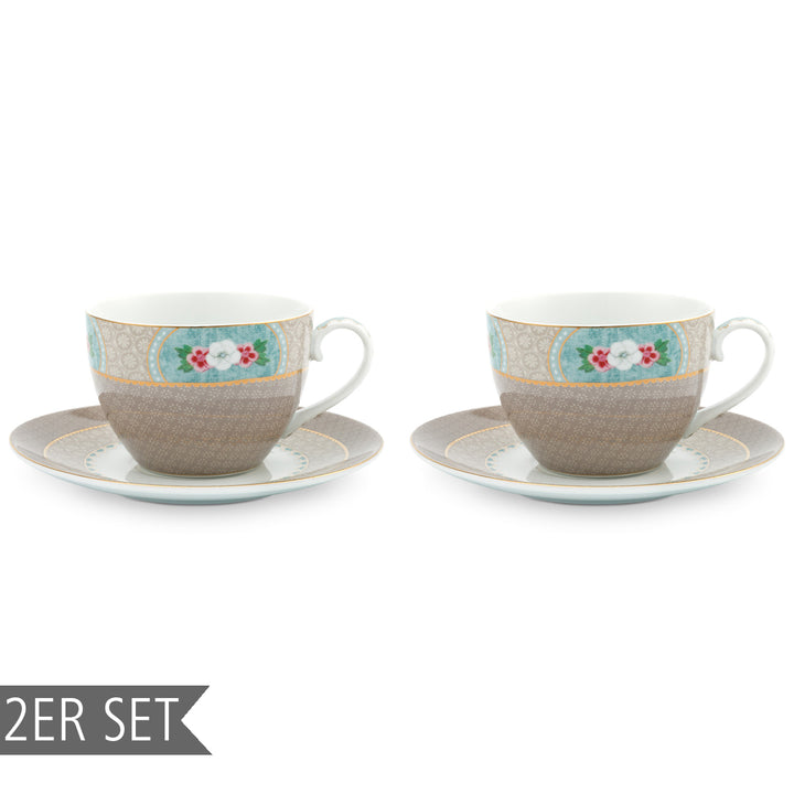 Pip Studio Cappuccino Tassen mit Tellern „Blushing Birds“ 2er-Set khaki
