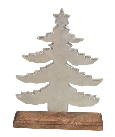 Tannenbaum aus gebürstetem Alu auf Mangoholzfuß modern mit Sternspitze klein