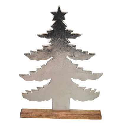 Tannenbaum aus gebürstetem Alu auf Mangoholzfuß modern mit Sternspitze groß