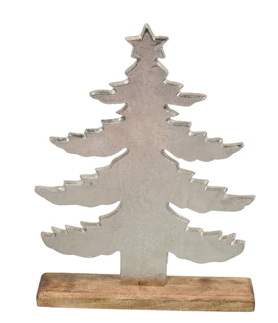 Tannenbaum aus gebürstetem Alu auf naturfarbenem Mangoholzfuß modern mit Sternspitze mittel
