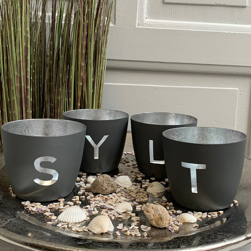 Windlicht im exklusiven Sylt Design 4er-Set dunkelgrau-silberfarben mittel