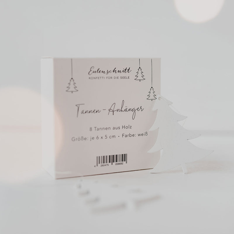 Eulenschnitt Holzanhänger Tanne 8er-Set weiß